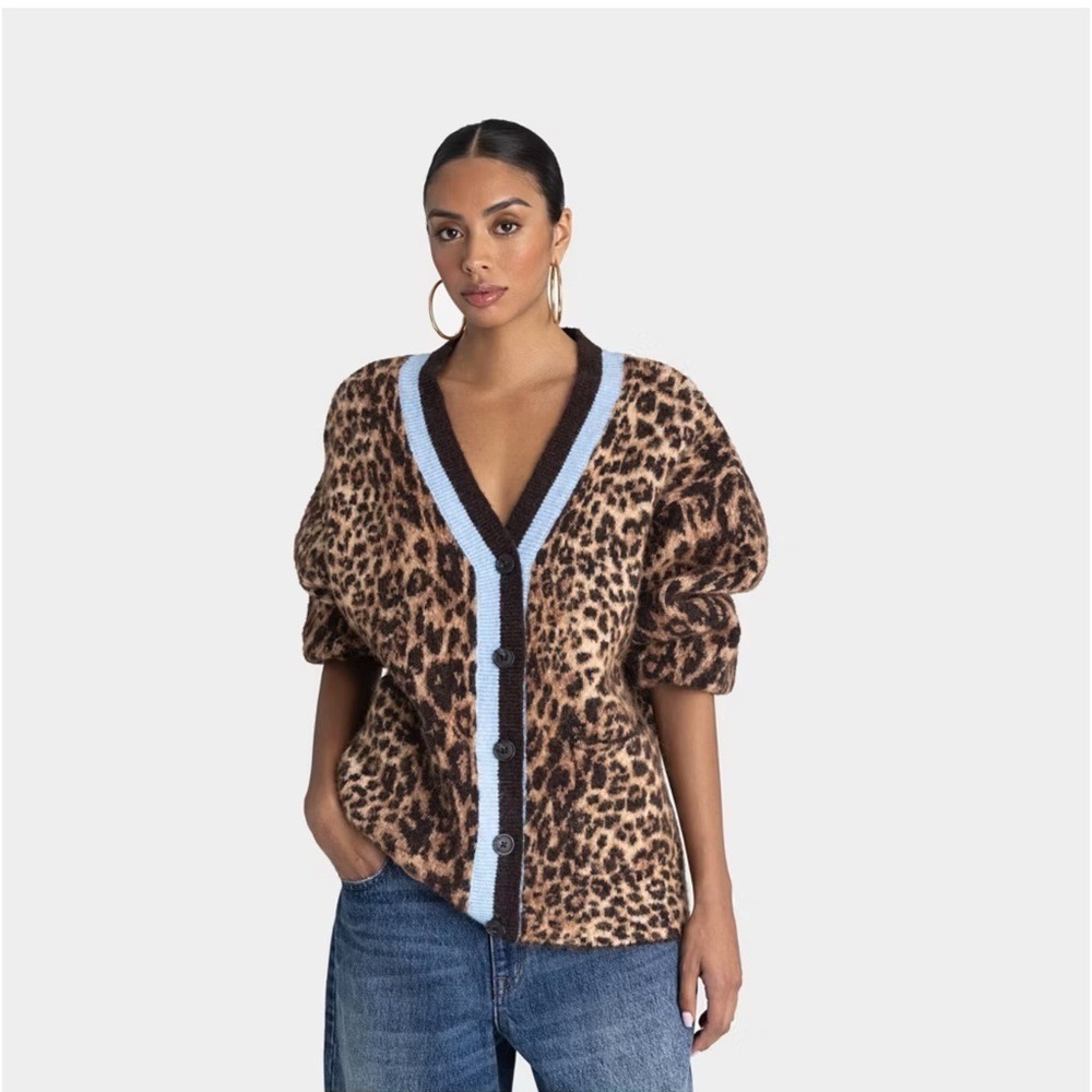 KBB‎ by Kahlana Barfield Brown Leopard Print Cardigan Sweater Blue Trim XXL NEW